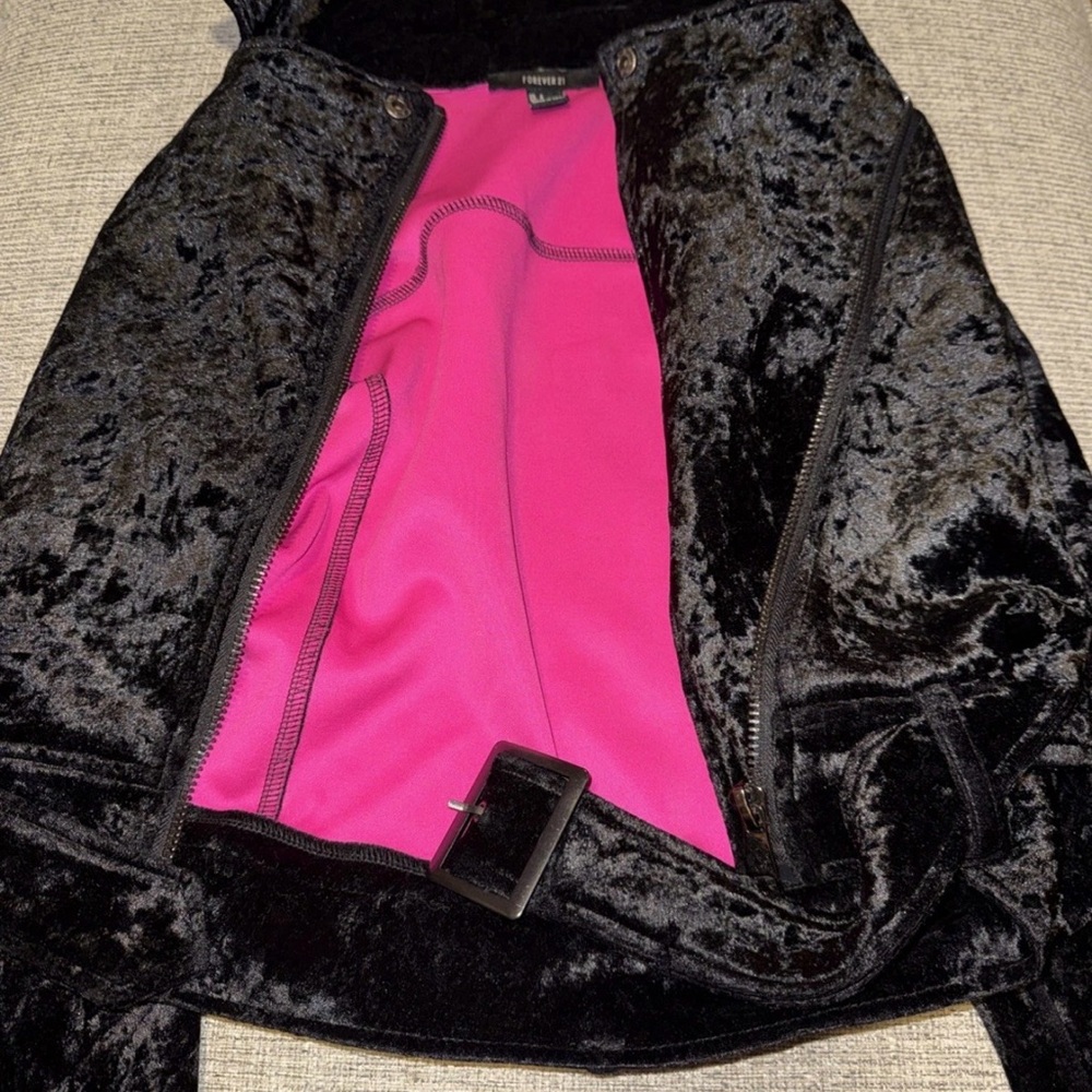 Forever 21 Black Velour Asymmetric Zip Belted Moto Short Jacket